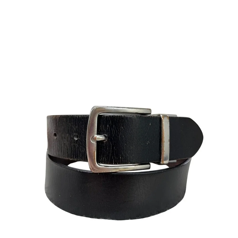 Eddie Bauer Mens Reversible Leather Belt Black Brown Silver Buckle 36 38